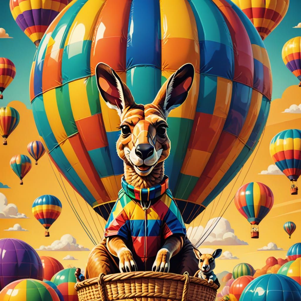 Joyful Kangaroo Family Hot Air Balloon Ride in Pop Art