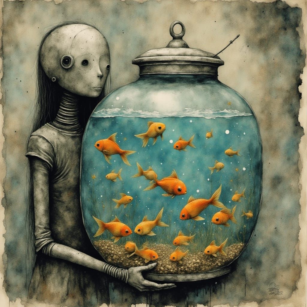 Cute Robot Holding a Fishbowl