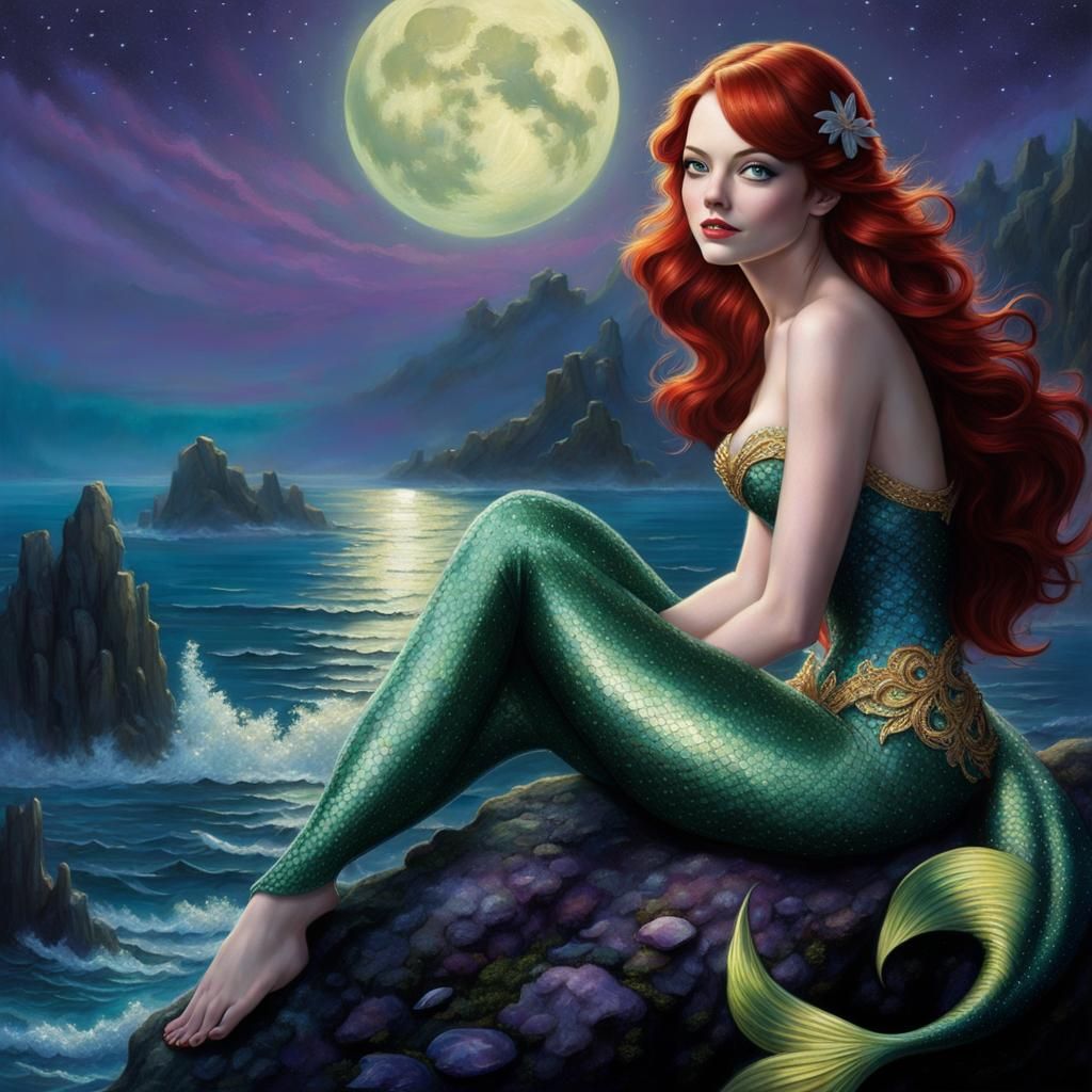Ariel Mermaid on Rock at Sea, Ethereal Fantasy Style