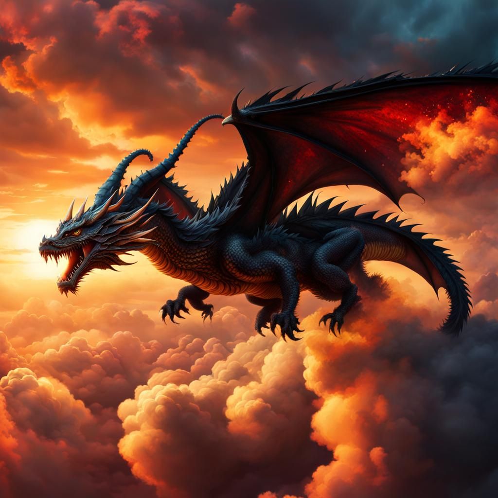 Ink Splatter Dragon Flies Through Sunset