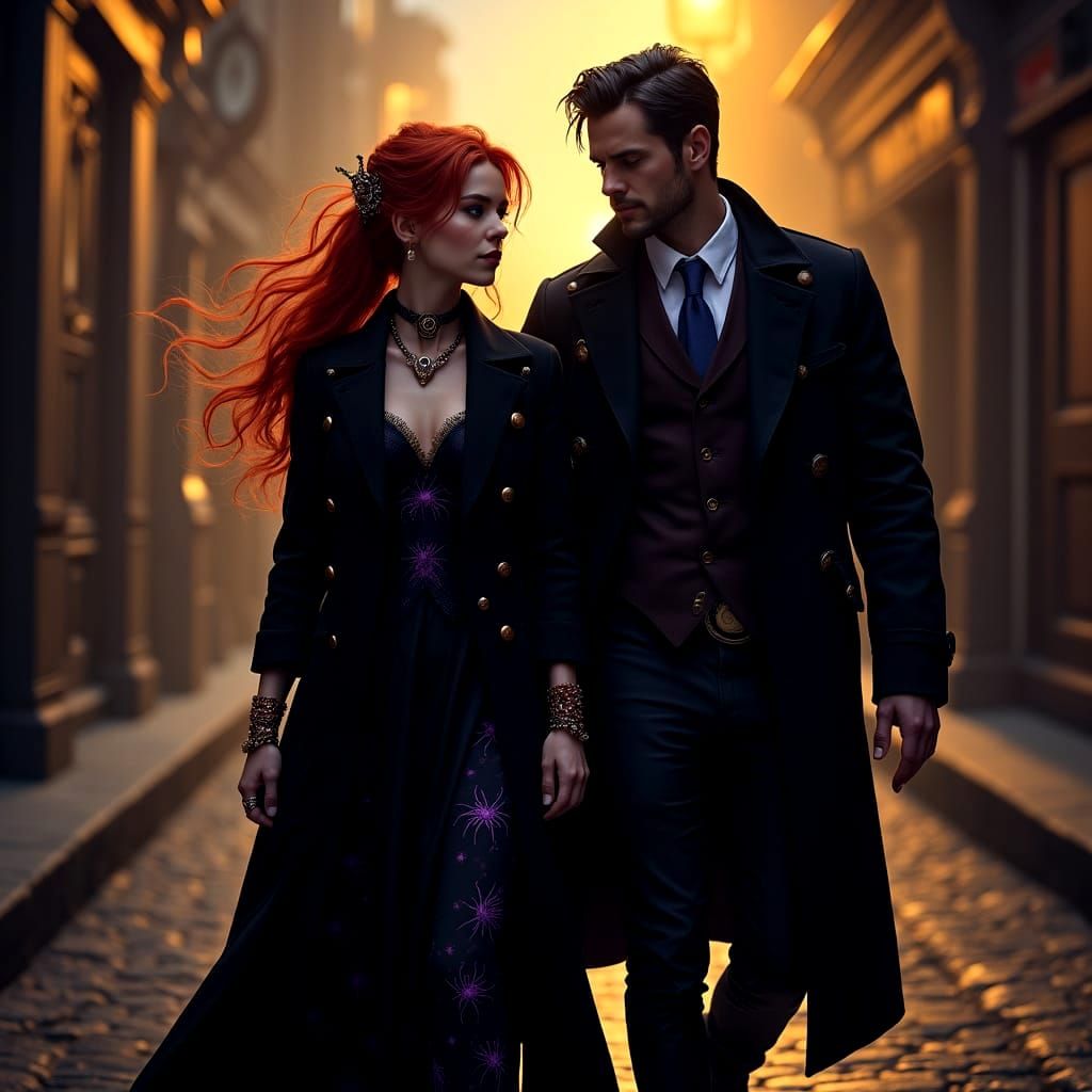 Steampunk Alchemist and Detective Stroll through a Moody All...