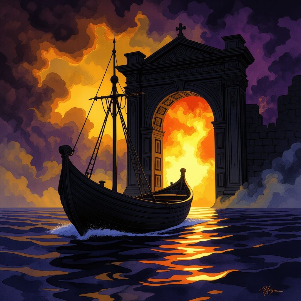 Dark Wood Boat Enters Hell's Door in Alcohol Ink Style