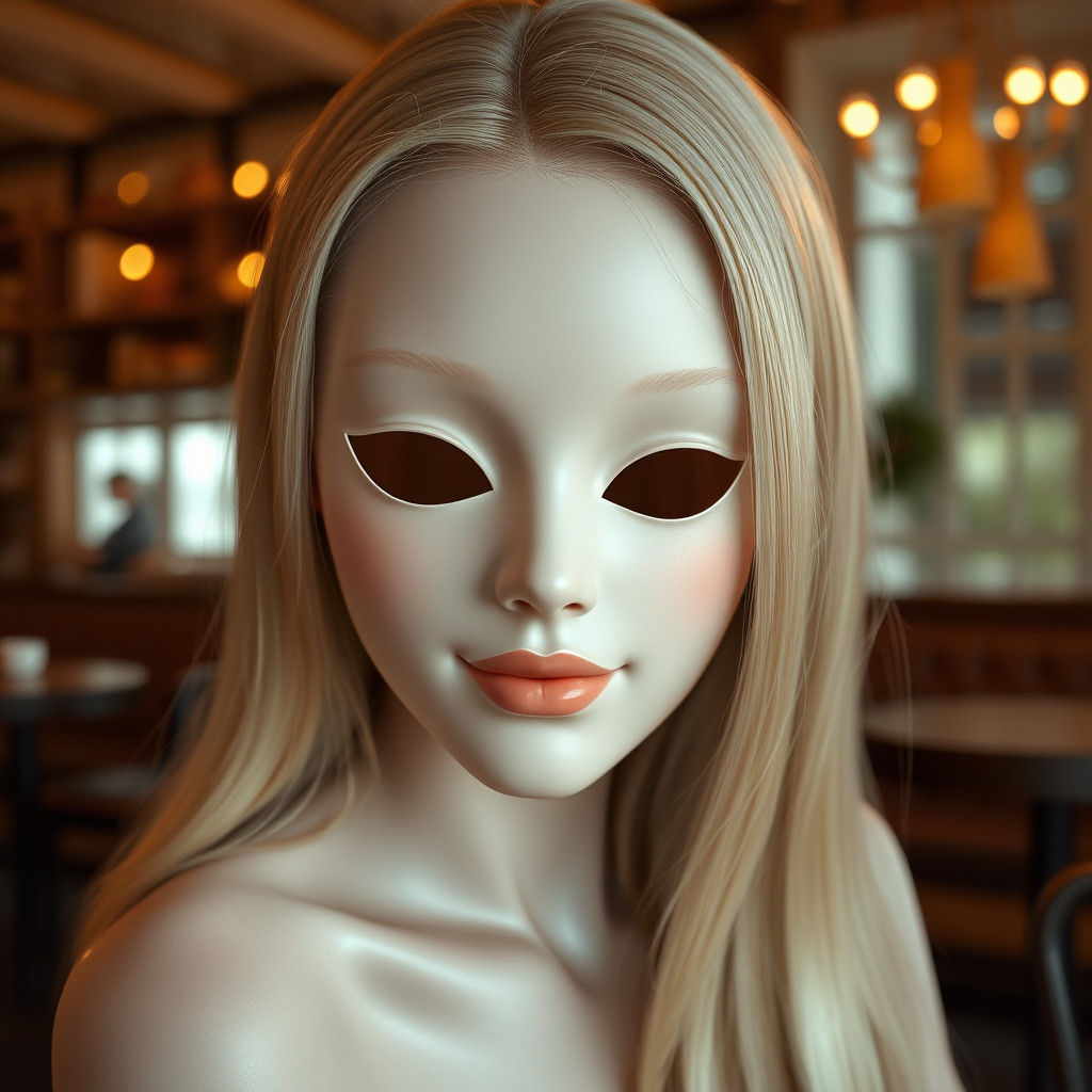 Elegant Blonde Mask in Coffee Shop, High-Fashion Realism