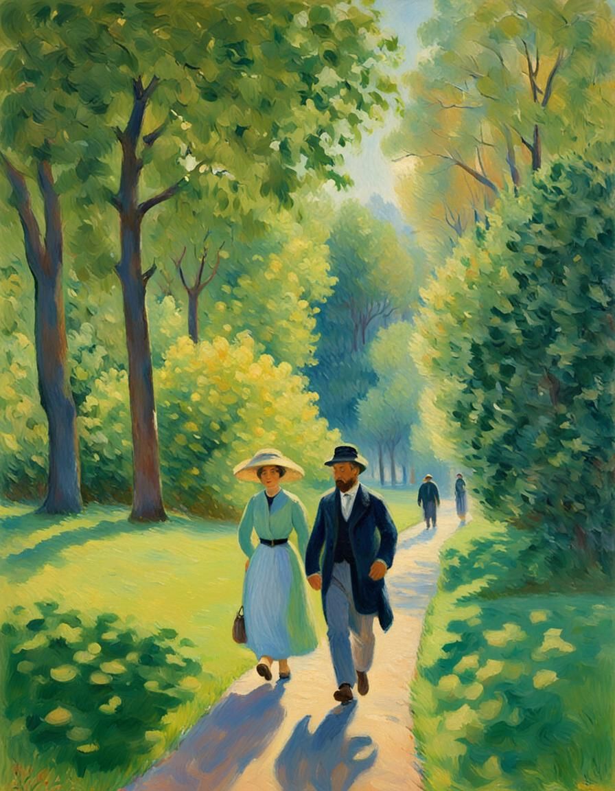 Impressionist Man and Woman Stroll in Lush Green Park