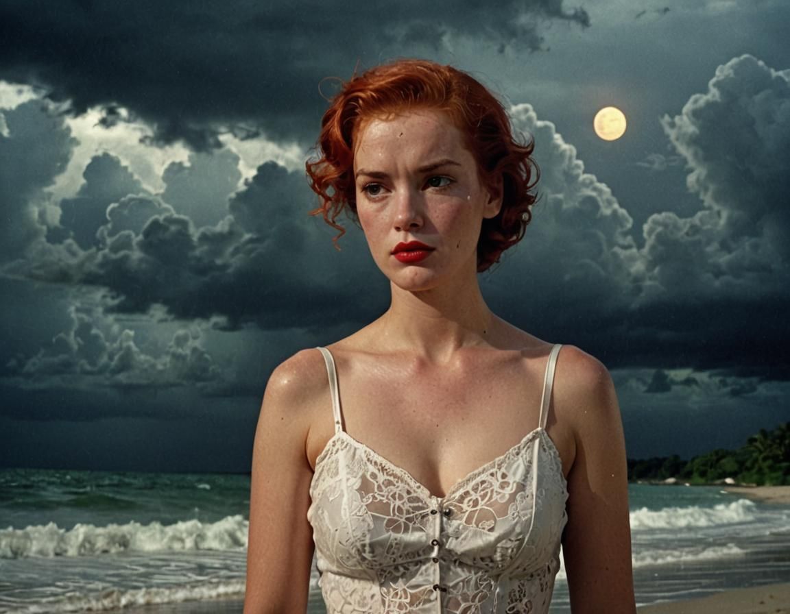 Hitchcock-Style Film Still of Woman on Stormy Beach