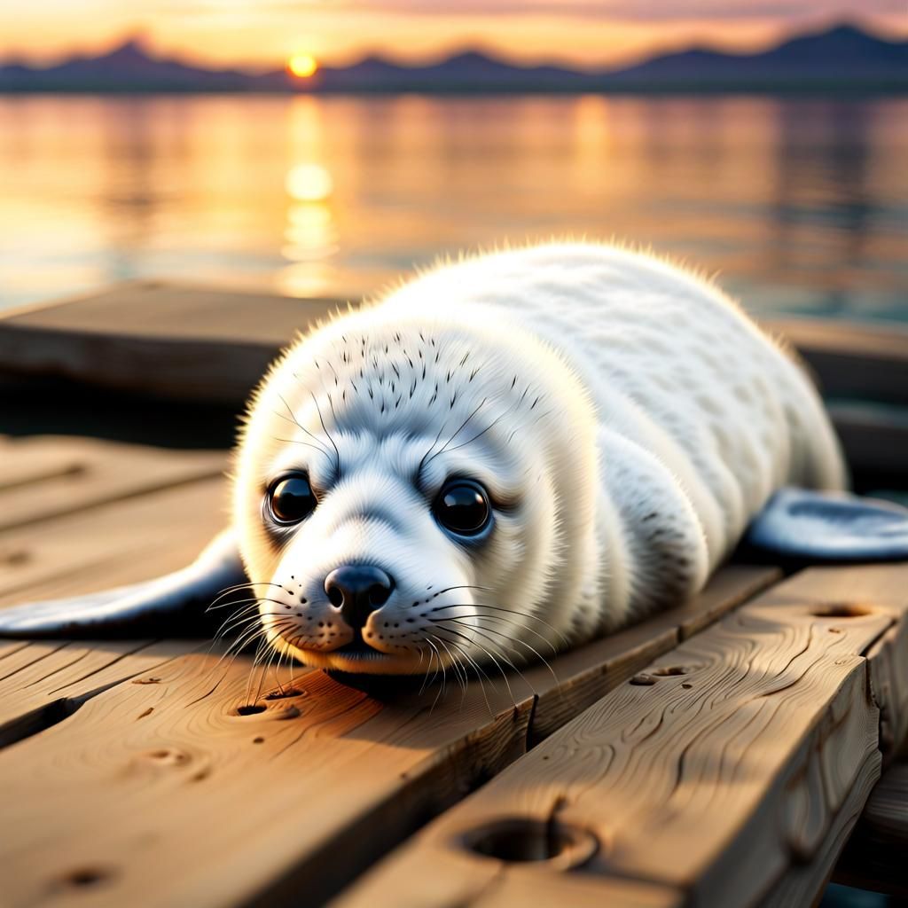 Adorable 3D Harbor Seal on Dock at Sunset