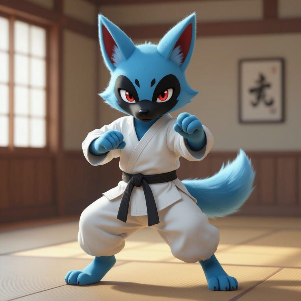 Hyperrealistic Riolu Humanoid Practicing Martial Arts