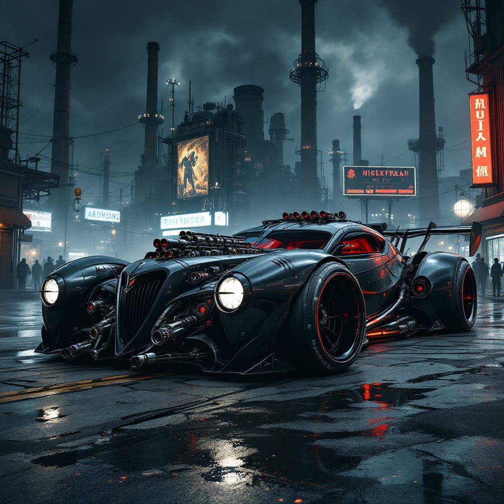 Cyberpunk Car with Vintage Flair in Dark Cityscape