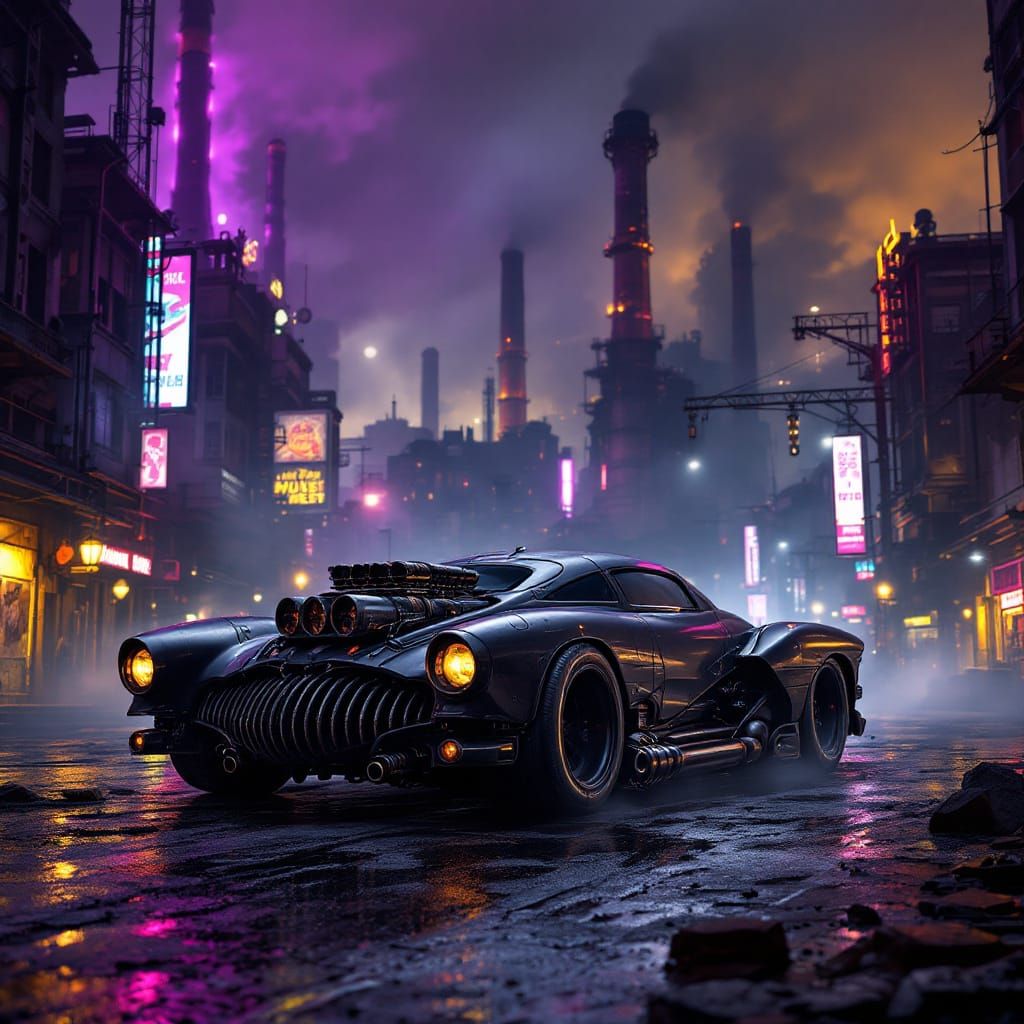 Cyberpunk Car in Gritty Cityscape, Concept Art