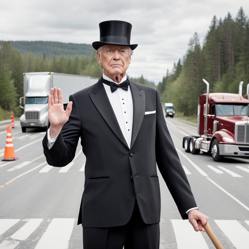 Conductor Directing Semi Trucks at Intersection