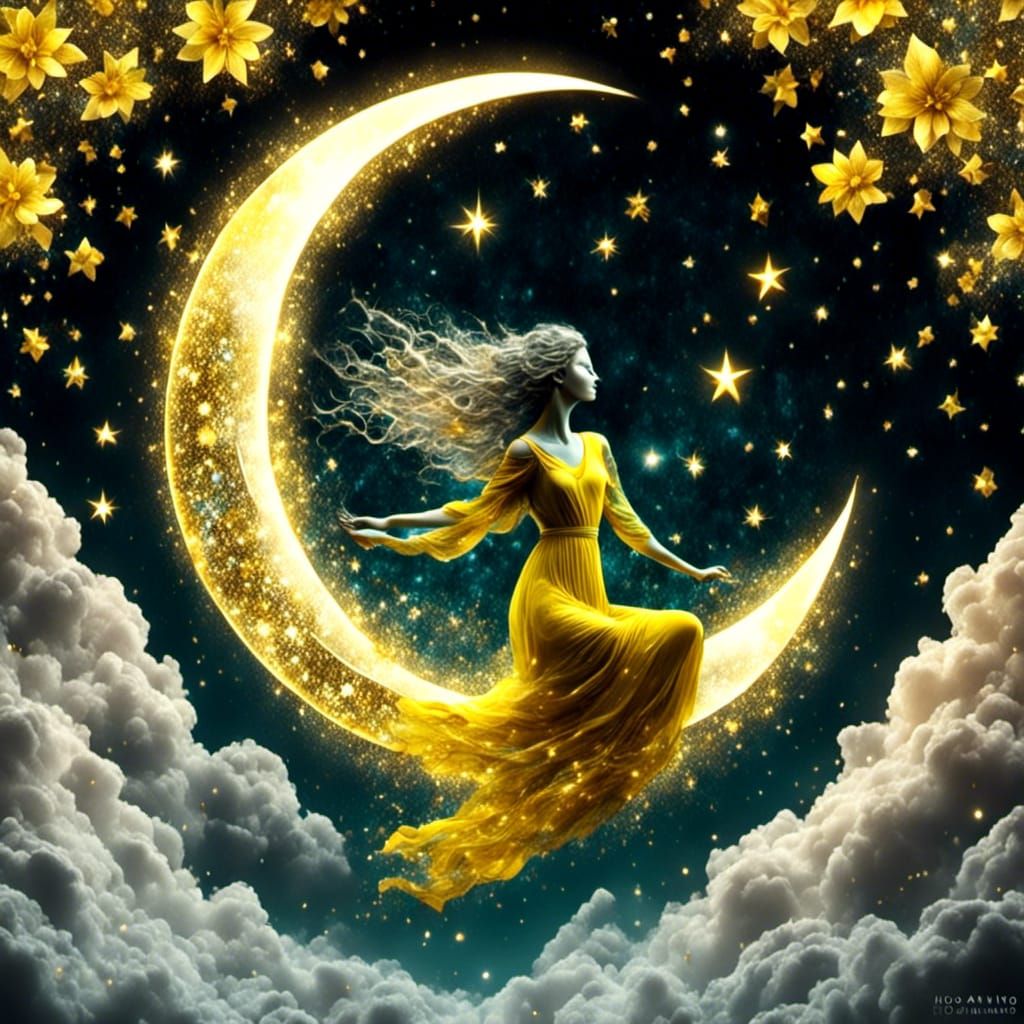 Goddess on Crescent Moon in Cosmic Sky
