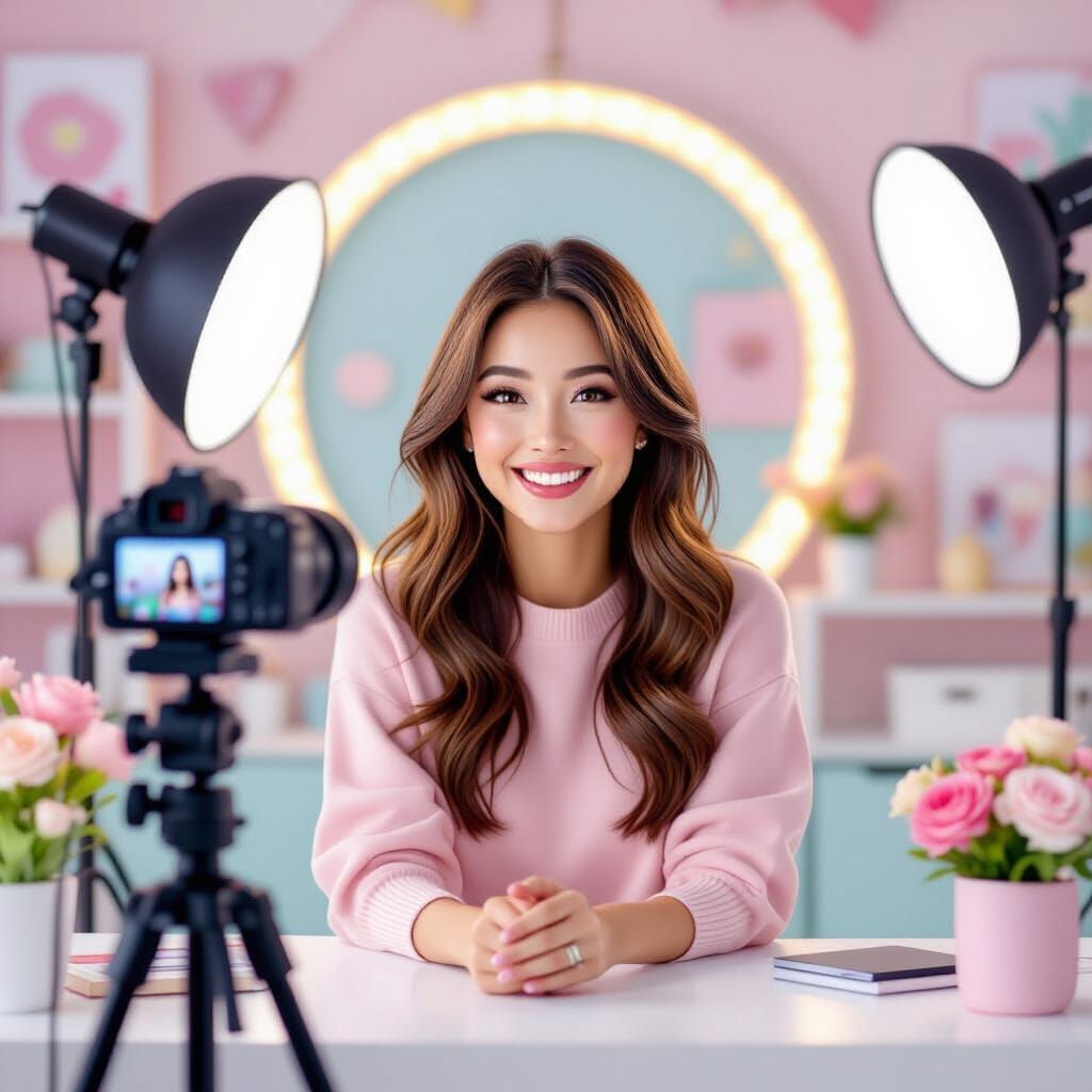 Cheerful Influencer in Pastel Studio, Anime Style