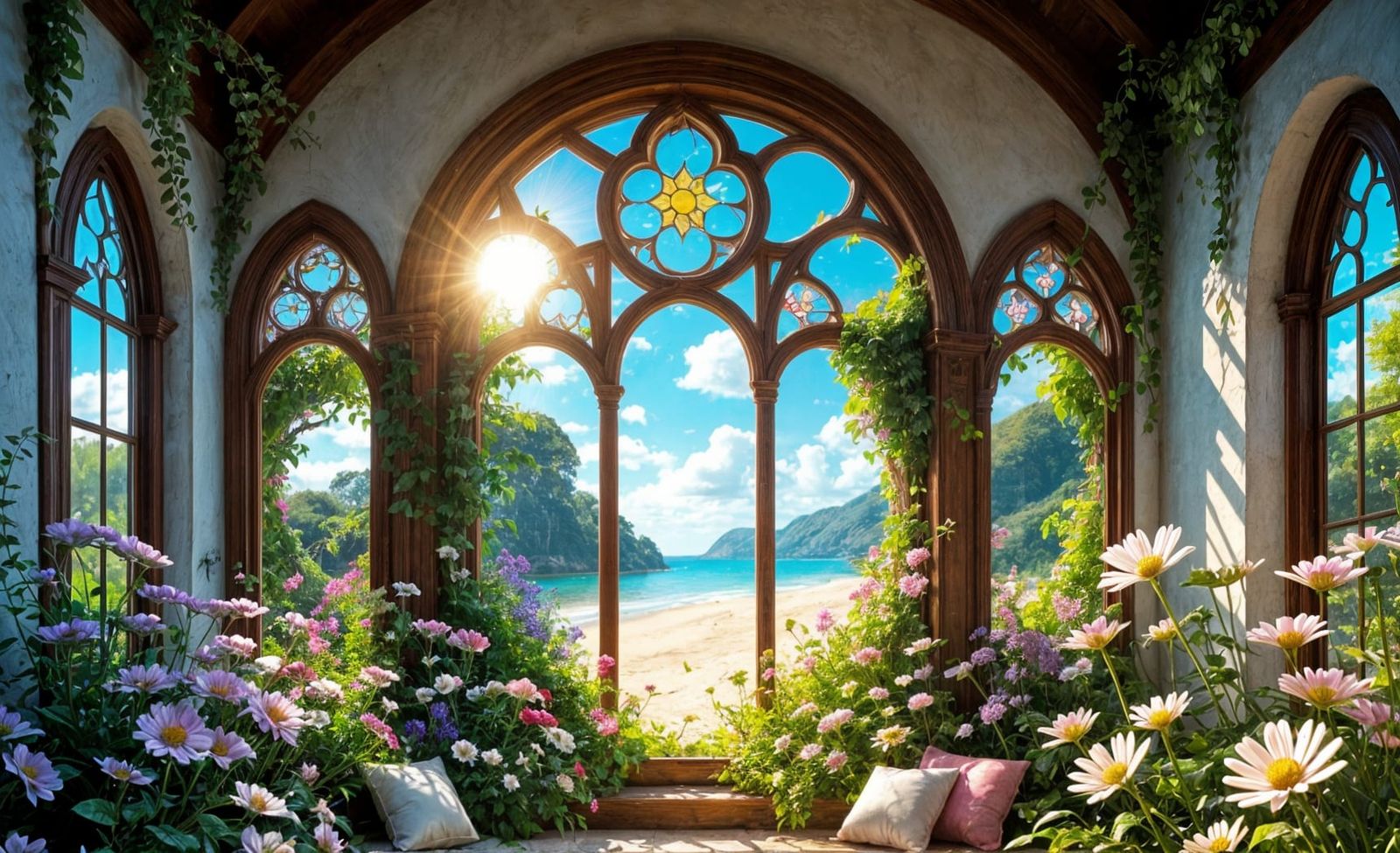 Elegant Victorian Beachside Scene with Vibrant Flowers