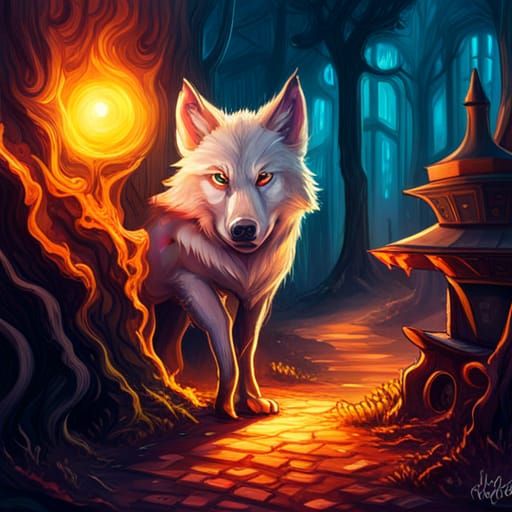 Fiery Wolf-Pig Woman in Elven City: Graffiti Art