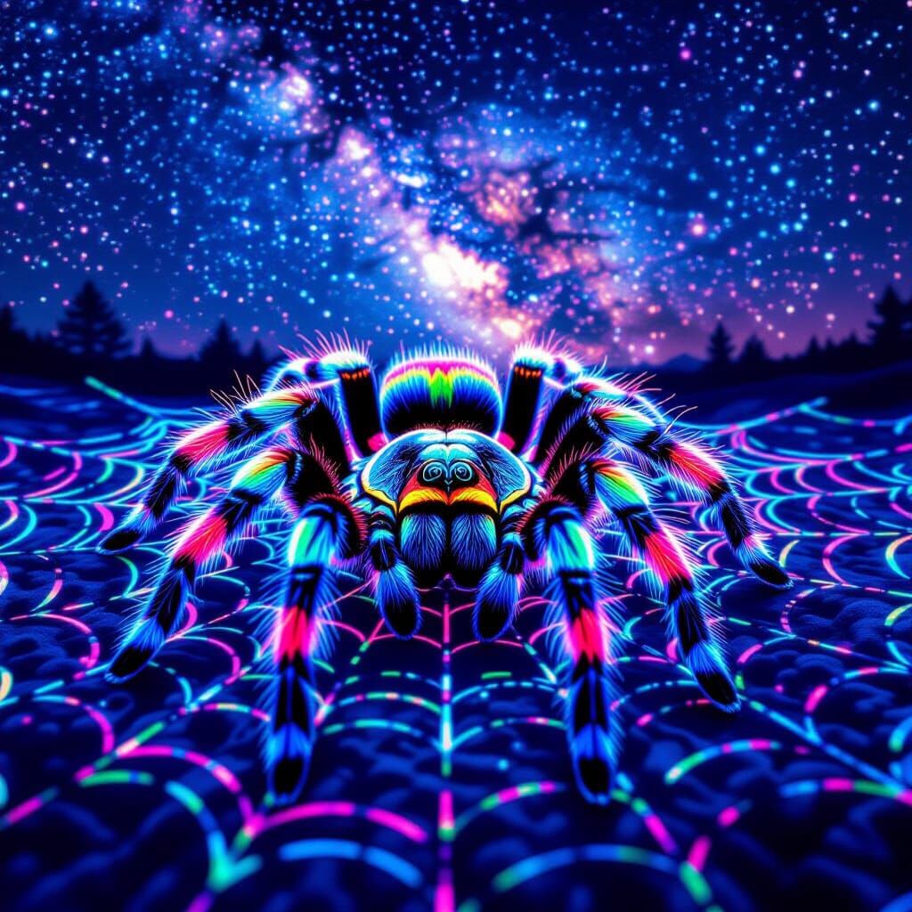 Rainbow Tarantula on Neon Web Under Starry Sky
