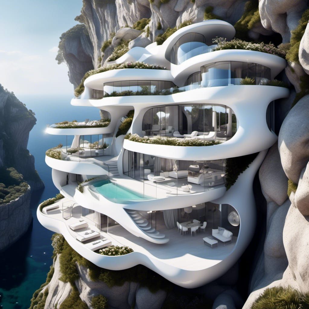 Futuristic Cliffside Home with Hanging Gardens