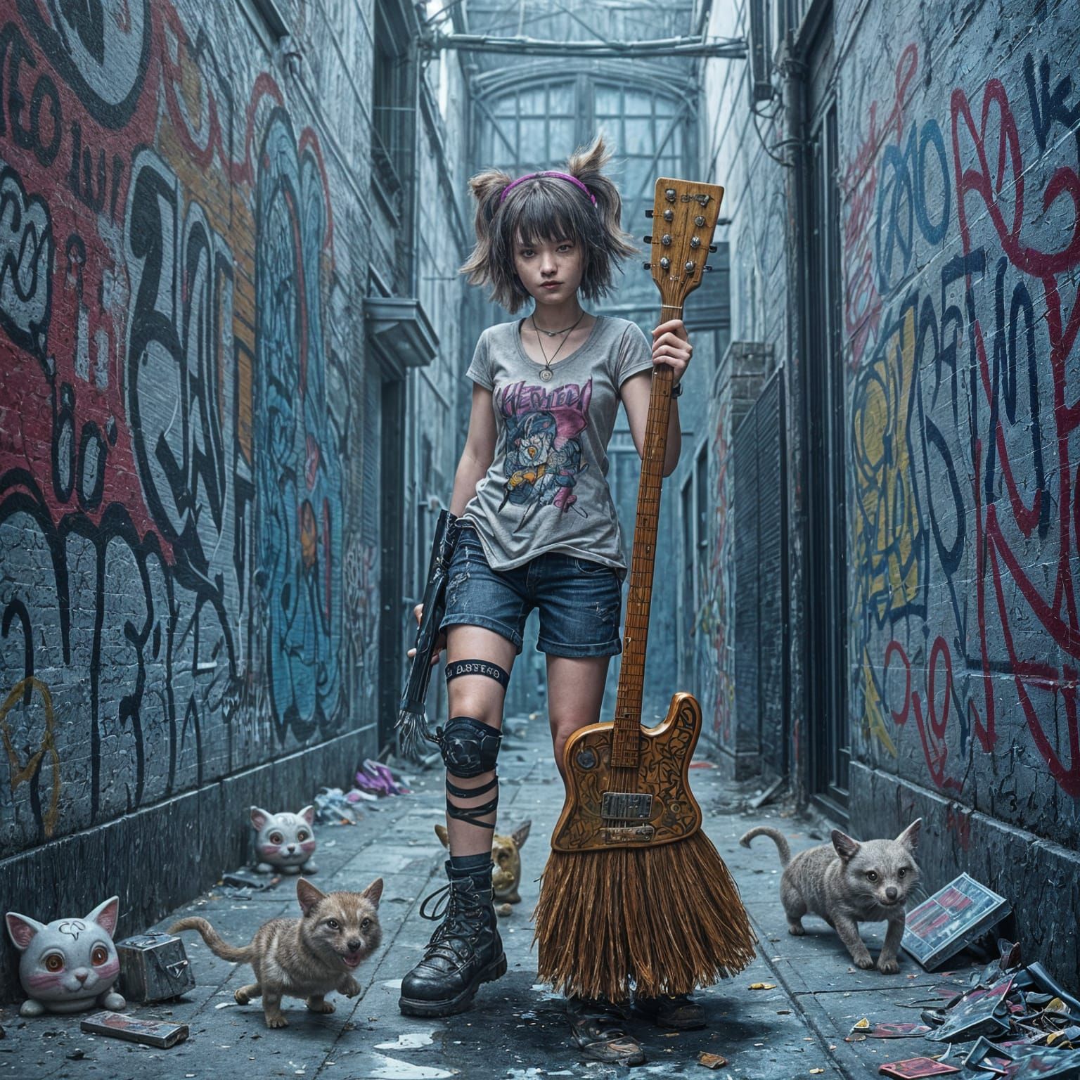 Cyberpunk Street Girl Cleans Graffiti Alley with Guitar Broo...