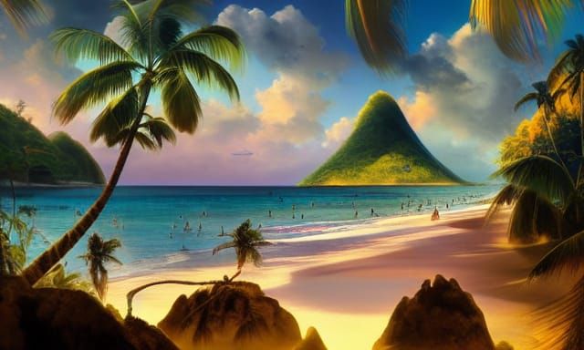 Tropical Beach Paradise Landscape in Baroque Style