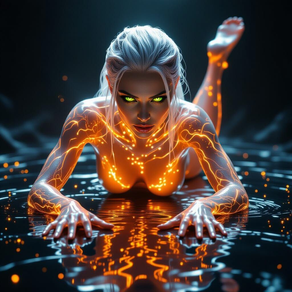 Glowing Translucent Woman Crawls on Reflective Surface