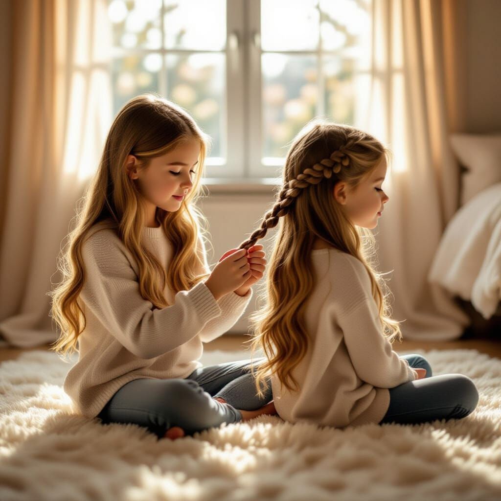 Hyperrealistic Photo: Sisters Braiding Hair in Sunlit Bedroo...