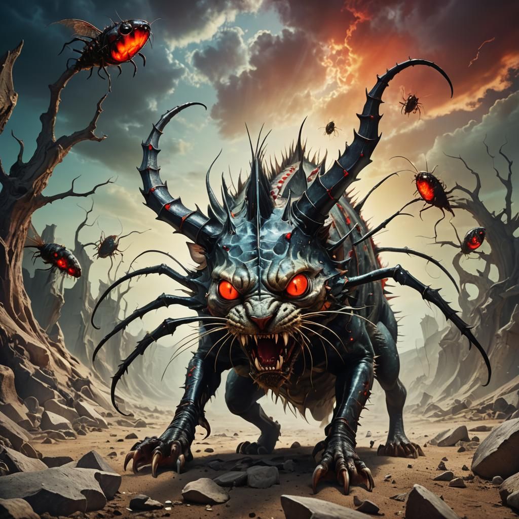 Surreal Cat-Roach Hybrid Rages in Dreamscape