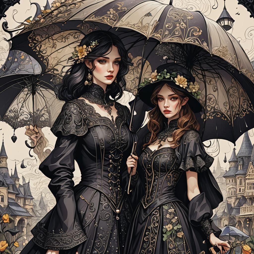 Fantasy Girl Jumping in Puddle with Umbrella