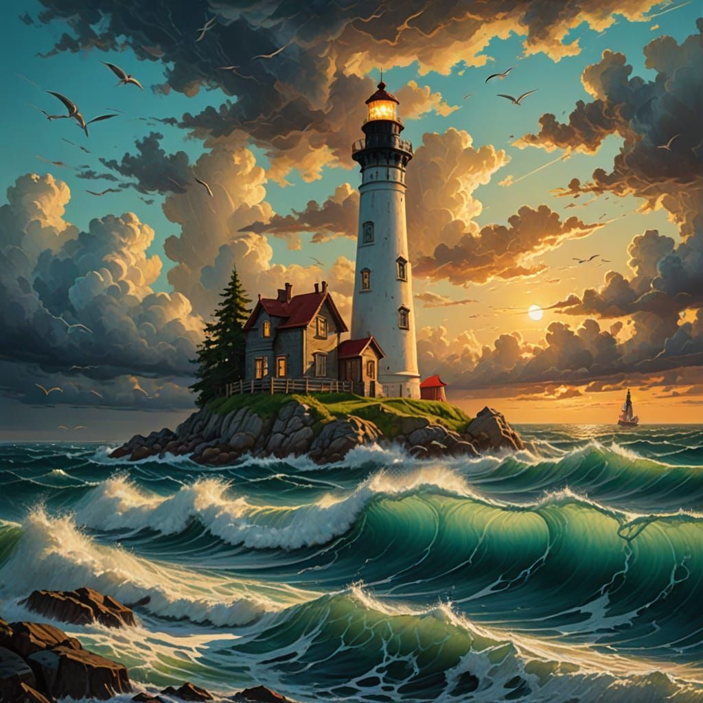 Turquoise ocean waves crashing against a historic lighthouse, with colorful fish swimming under the water, as a dramatic...
