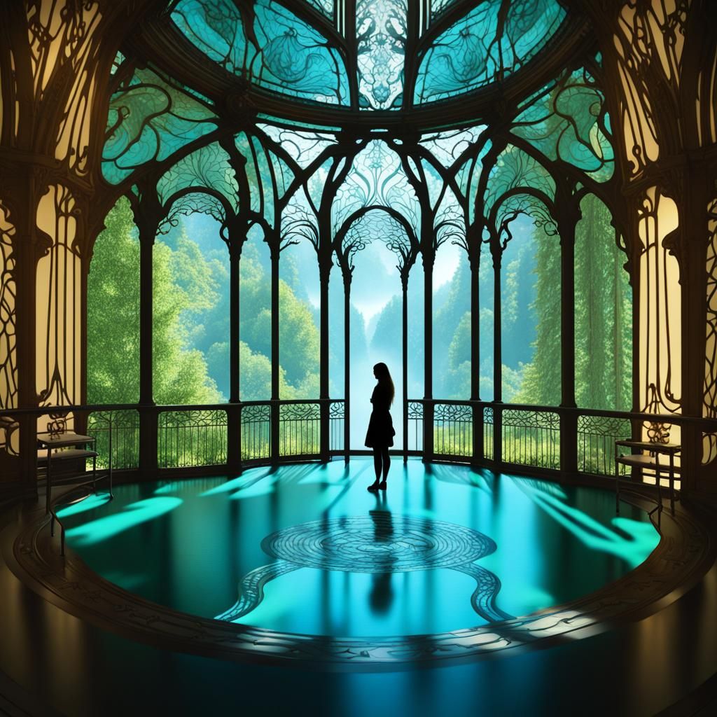 Verdant Forest Cathedral in Art Nouveau Style