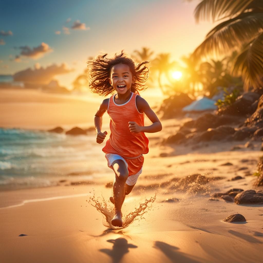 Girl Running on Tropical Beach at Sunset
