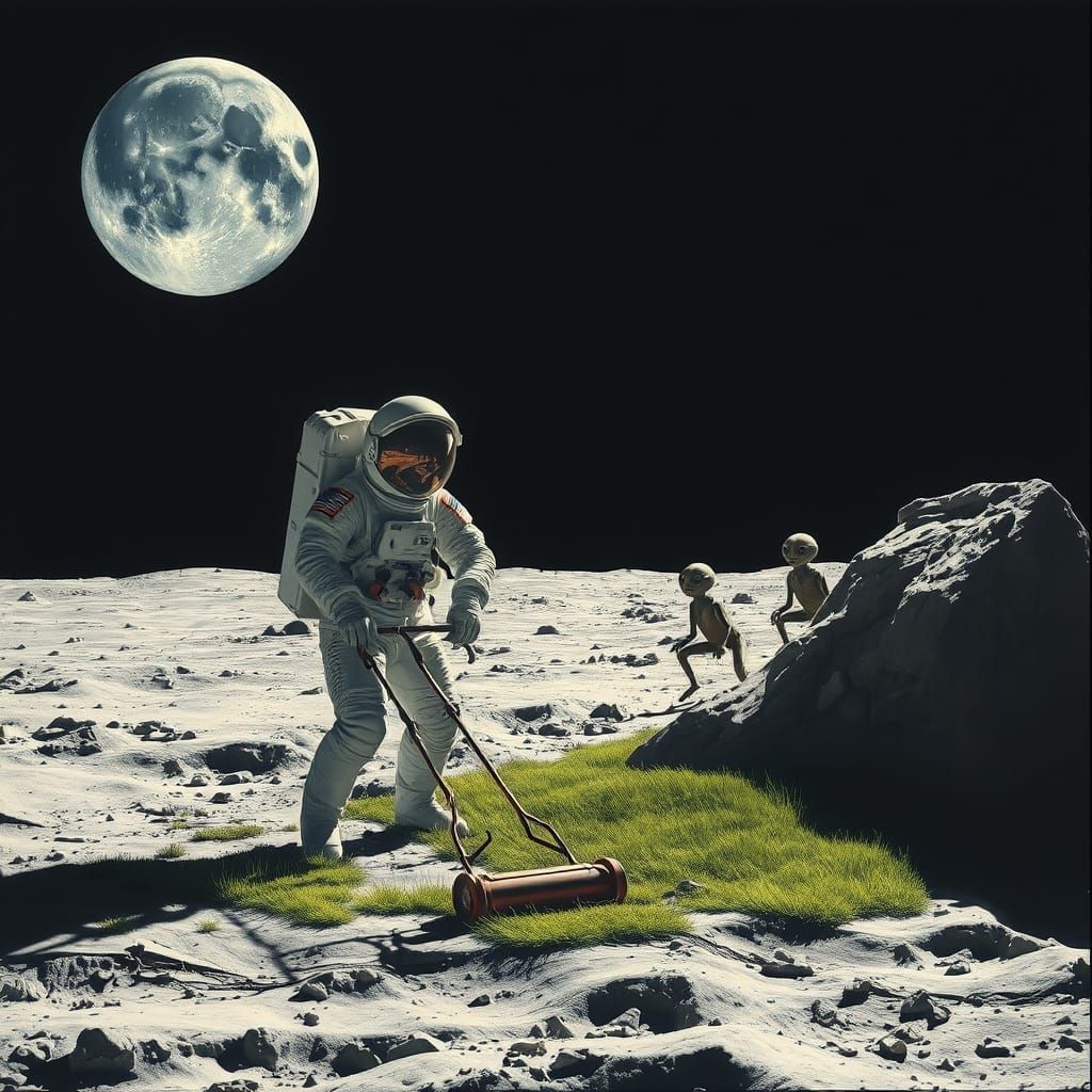 Astronaut Mows Moon Lawn Under Watchful Alien Eyes