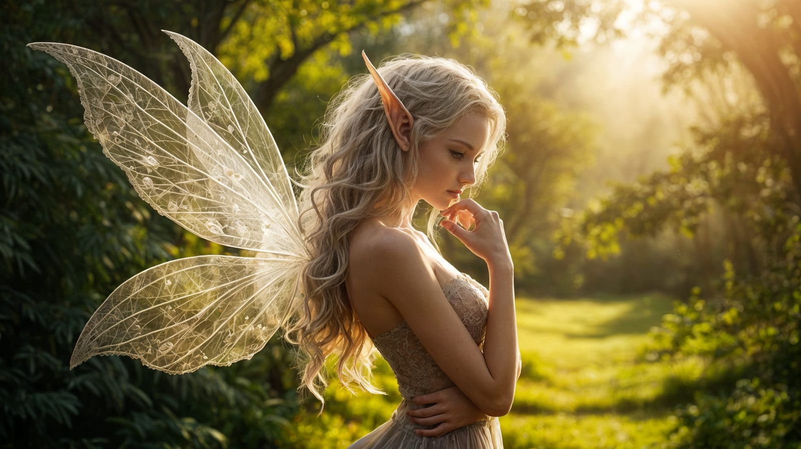 Whimsical Elven Goddess in Lush Forest Landscape