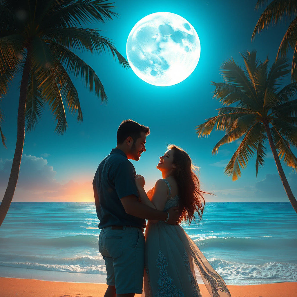 Romantic Beach Embrace Under Blue Moon, Fantasy Art