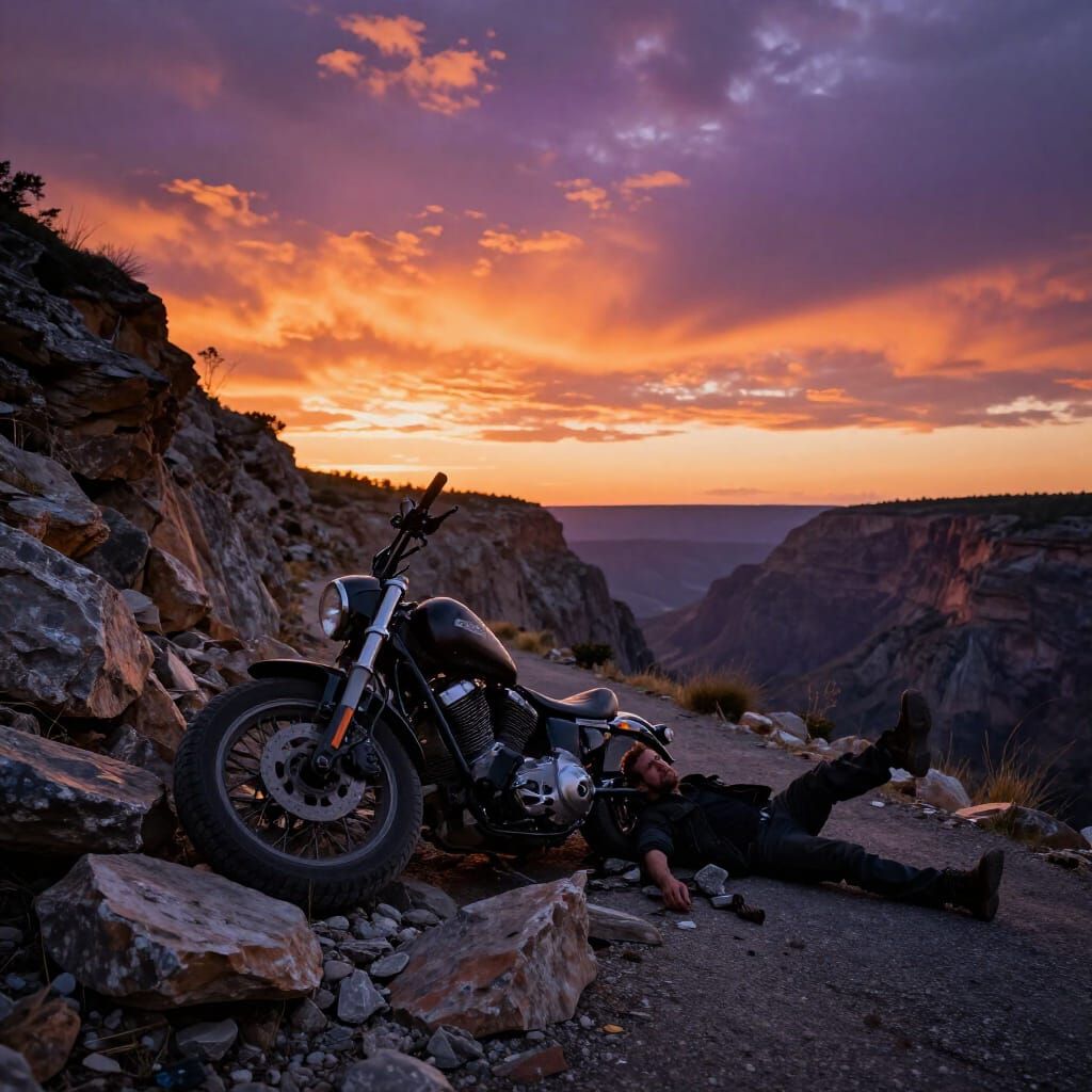 Wrecked Harley Davidson at Sunset on Cliffside Road