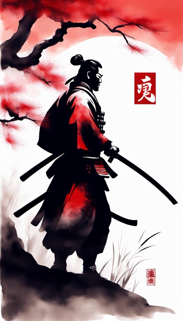 Minimalist Ink Painting of Samurai with Sakura