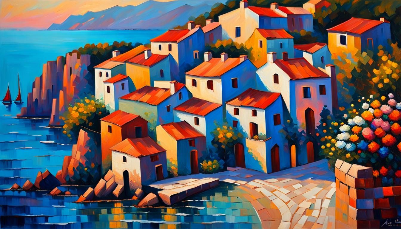 Seaside Village at Sunset in Impressionist Style