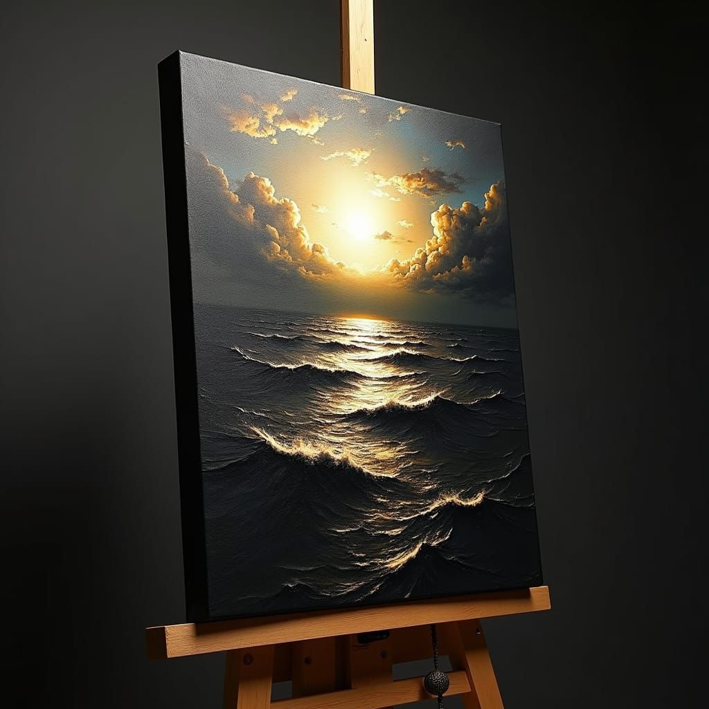 Black Seascape Painting with Golden Highlights