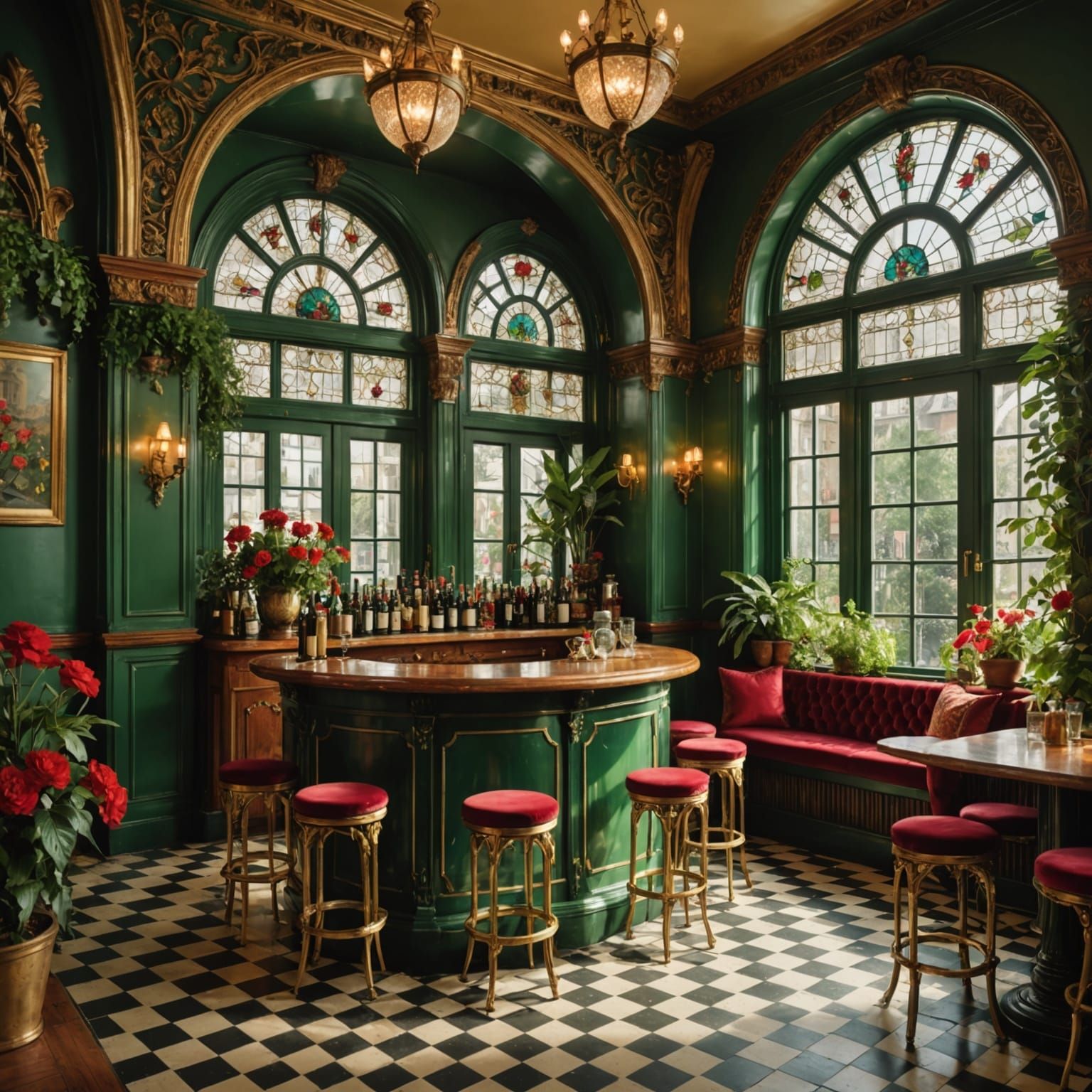 Enchanted Cafe Interior: Sunlight, Lush Plants, and Magic