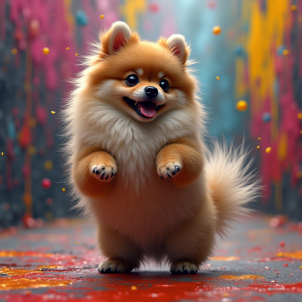 Hyperrealistic Pomeranian Dancing Amidst Vibrant Graffiti Ar...