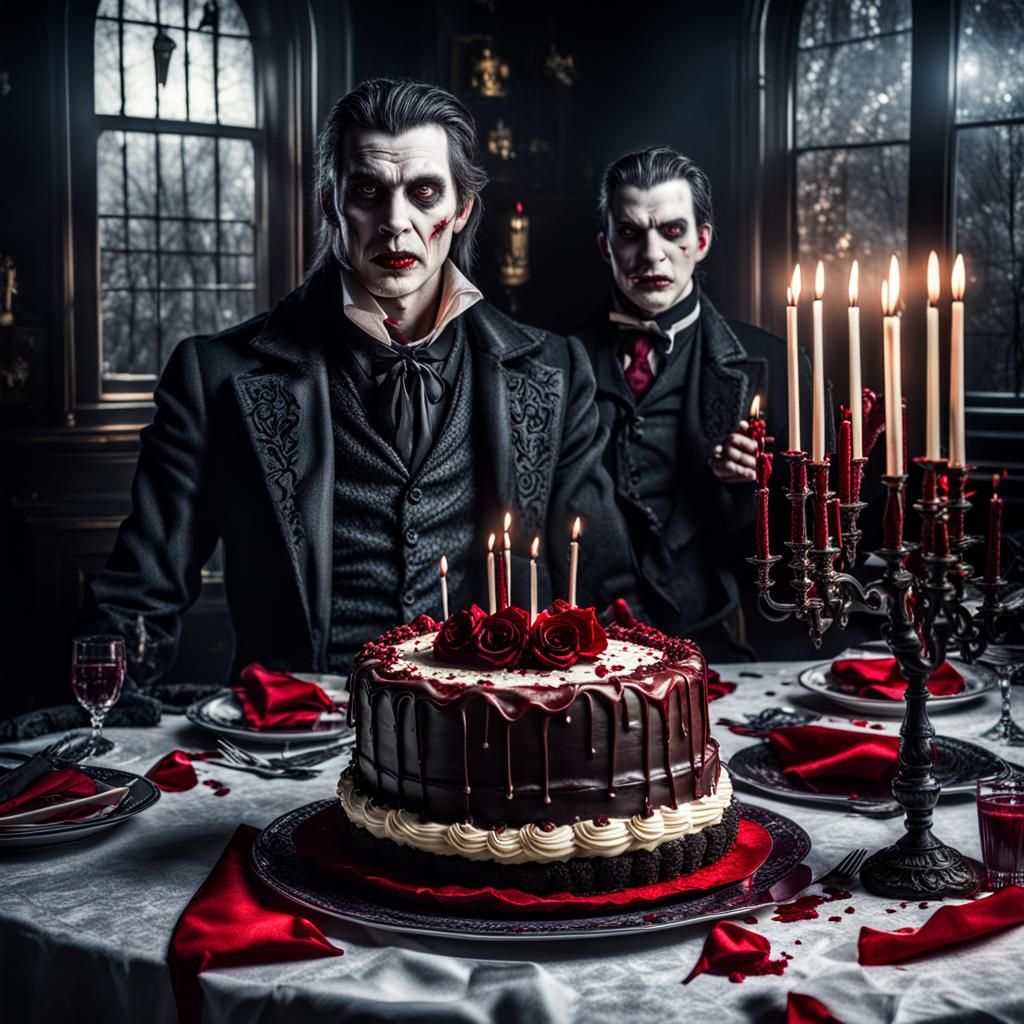 Moody Vampire Birthday Celebration in Hyperrealistic Style