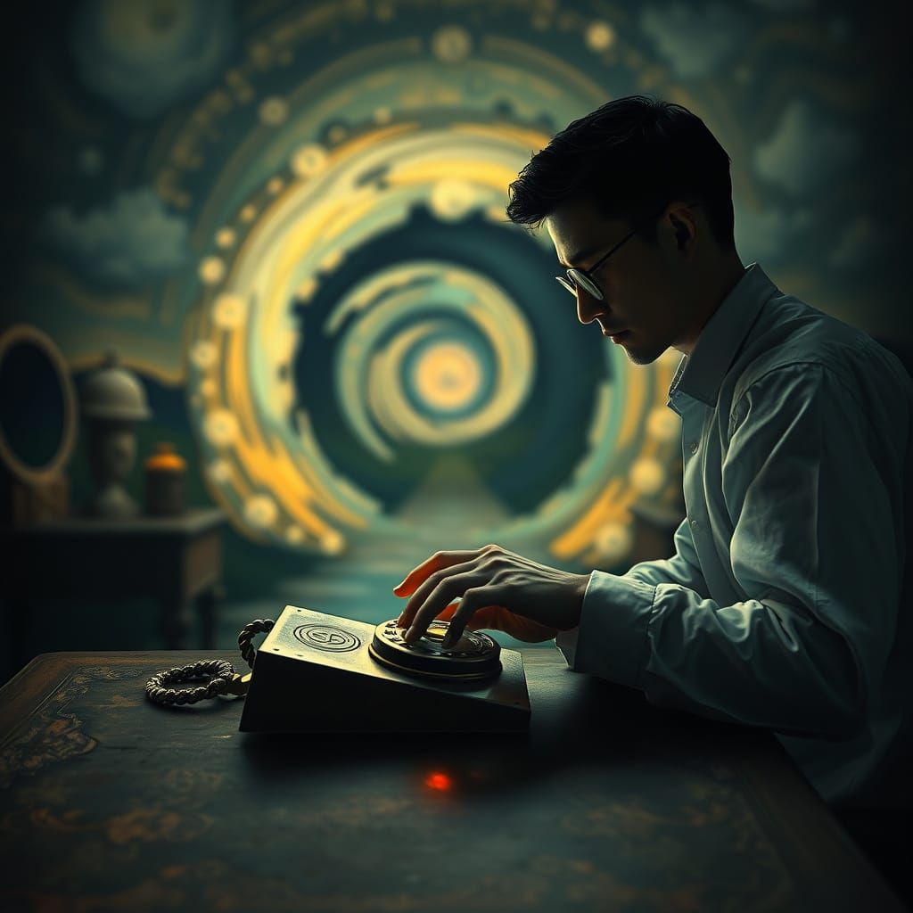 Figure at a Worn Desk Contemplates a Mysterious Portal