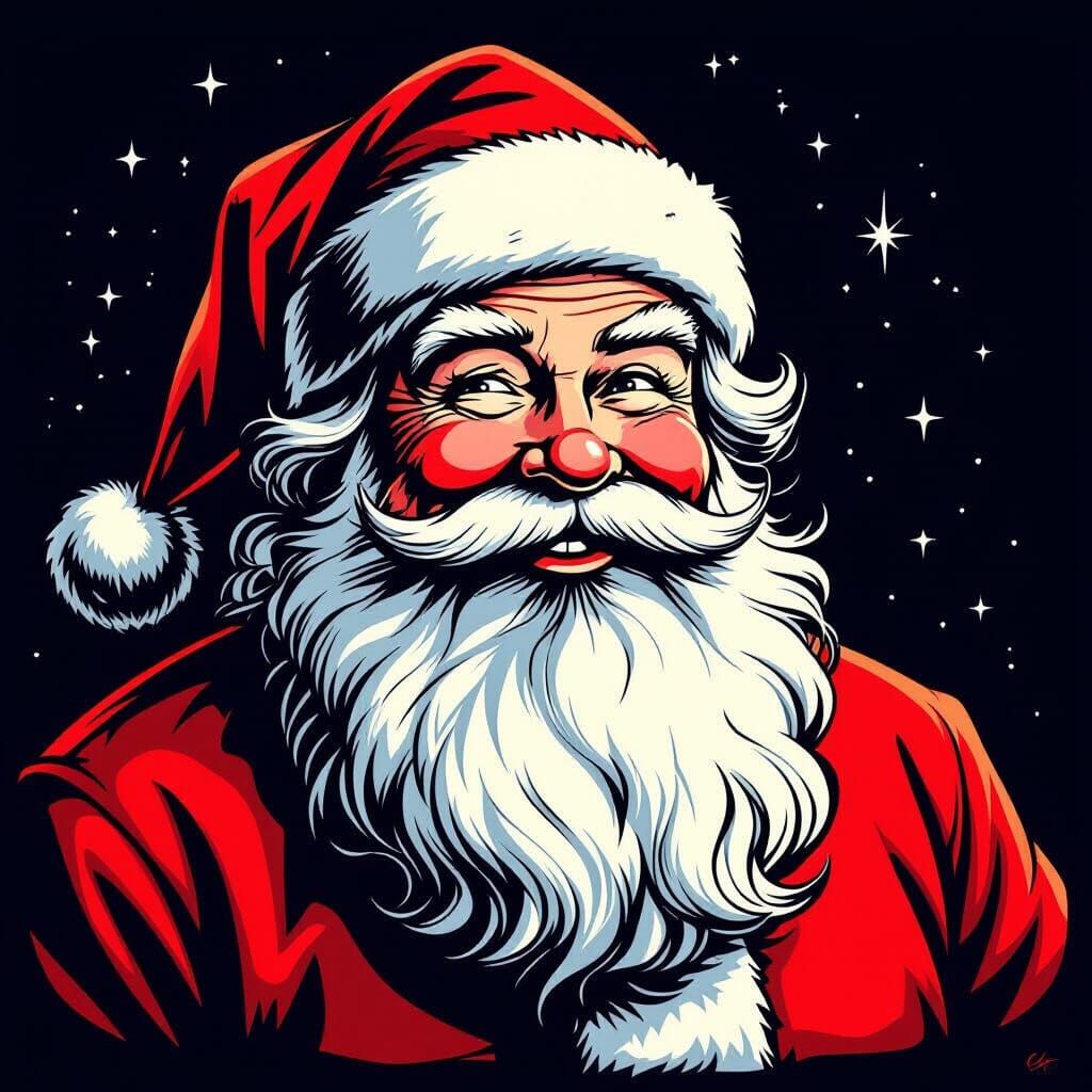 Bold Black Line Drawing of Santa Claus with Flowing Beard