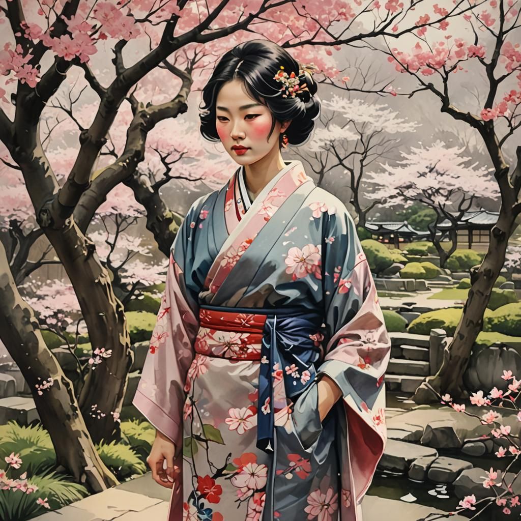 Japanese Woman in Kyoto Garden: Ink Wash Painting