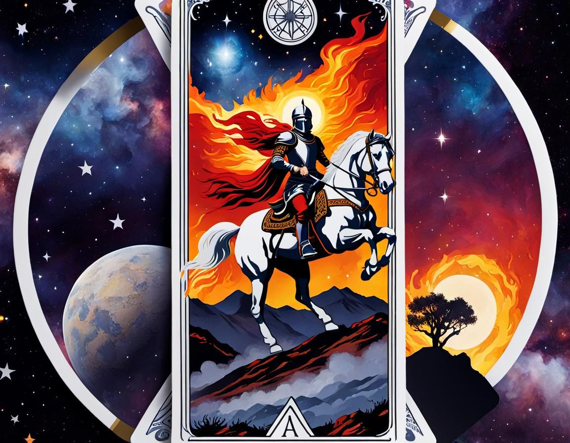 Fiery Warrior Tarot Card with Galaxy Background
