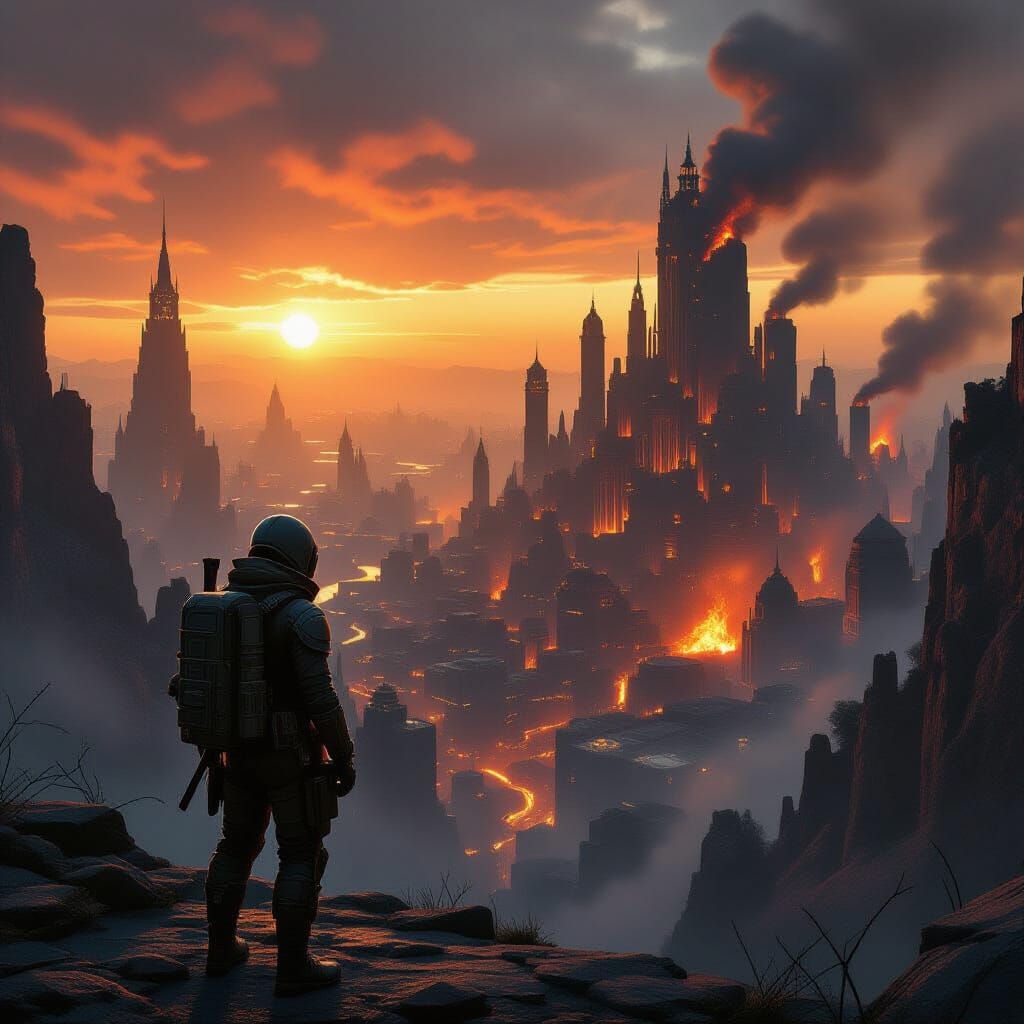 Explorer Overlooks Hellish Dieselpunk Cityscape