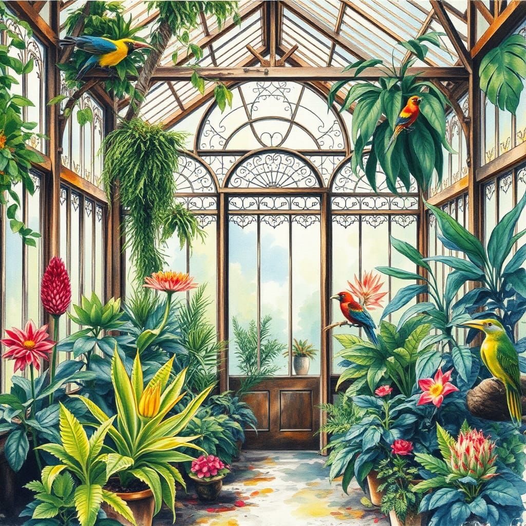 Victorian Greenhouse with Exotic Plants in Splash Art