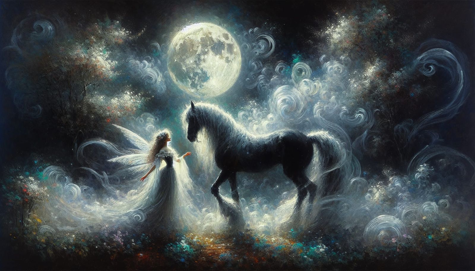Moonlit Fairy with Black Steed in Impressionistic Style