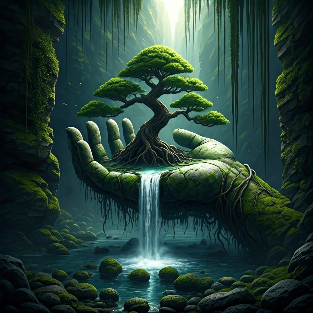 Surreal Fantasy Scene with Ancient Stone Hand