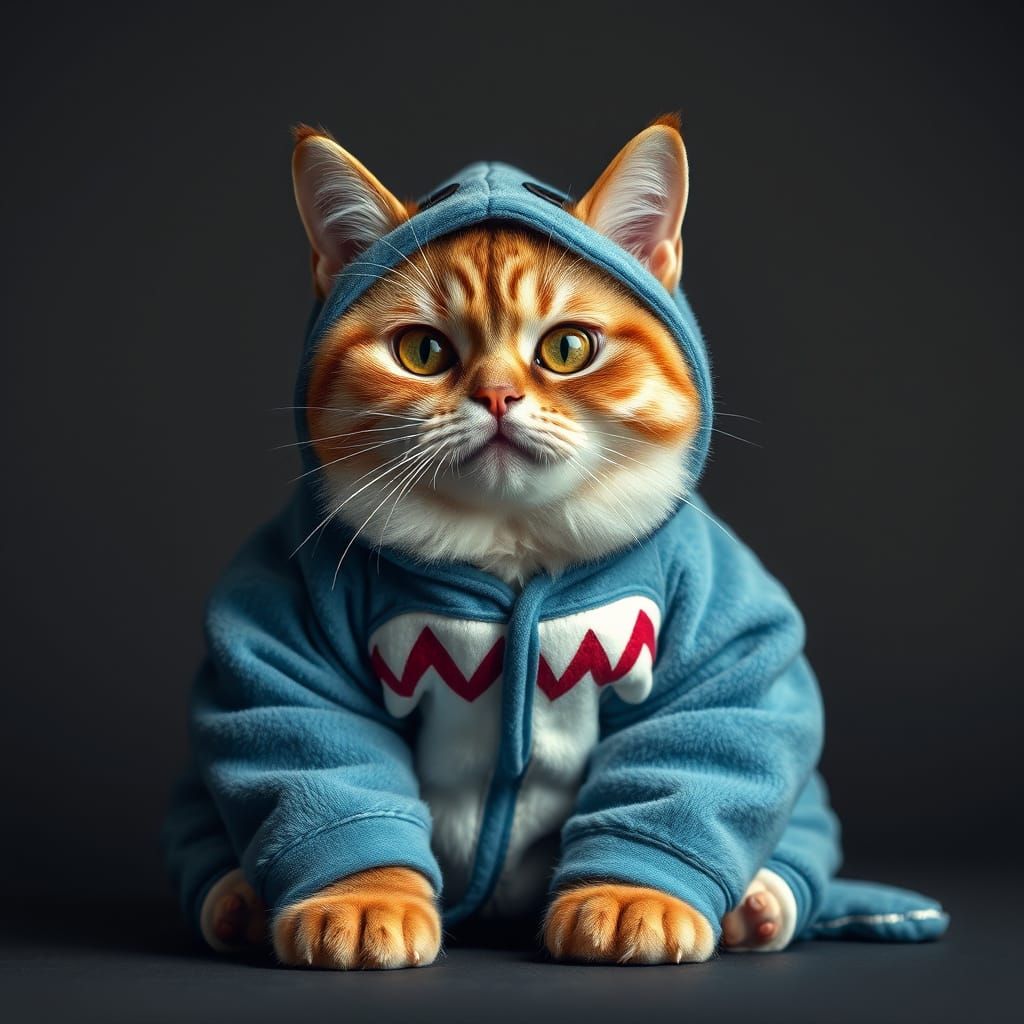 Regal Feline in Vibrant Shark Onesie