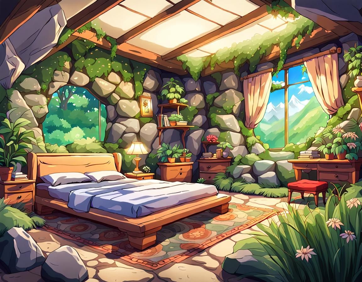 Anime-Style Bedroom Crafted from Stone and Plants