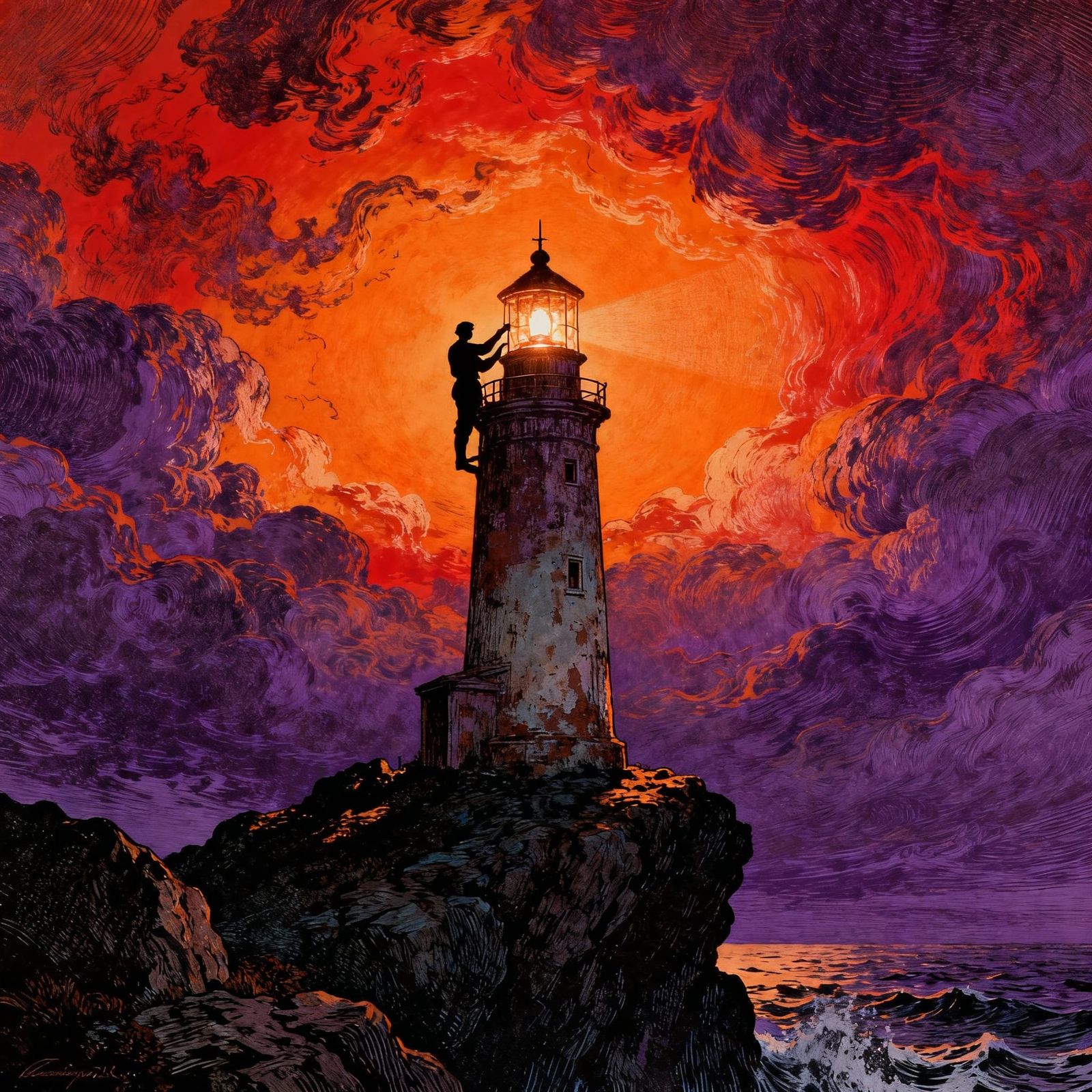 Lighthouse Keeper in Stormy Crimson Sky, Dramatic Biblical S...